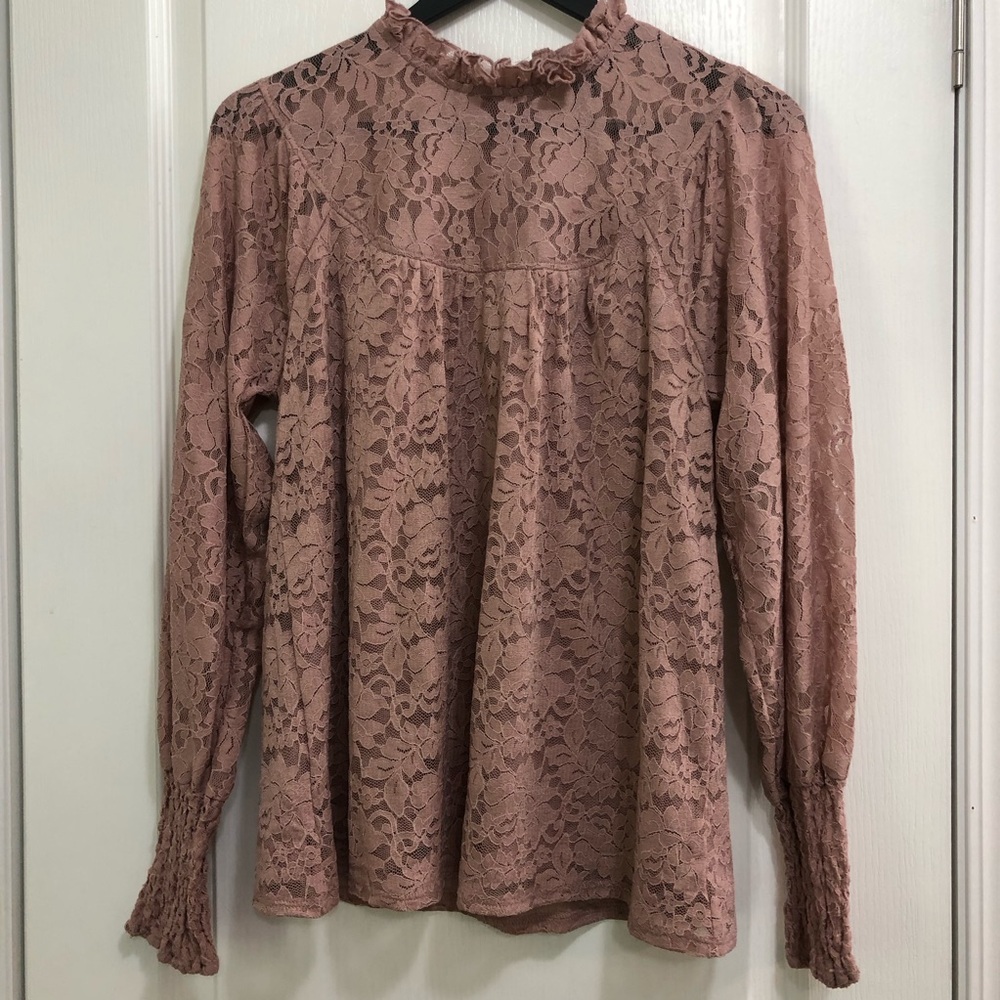 Mauve Lace High Neck Top L Puff Sleeve Mock Neck Ruffle Collar Cottagecore Fairy